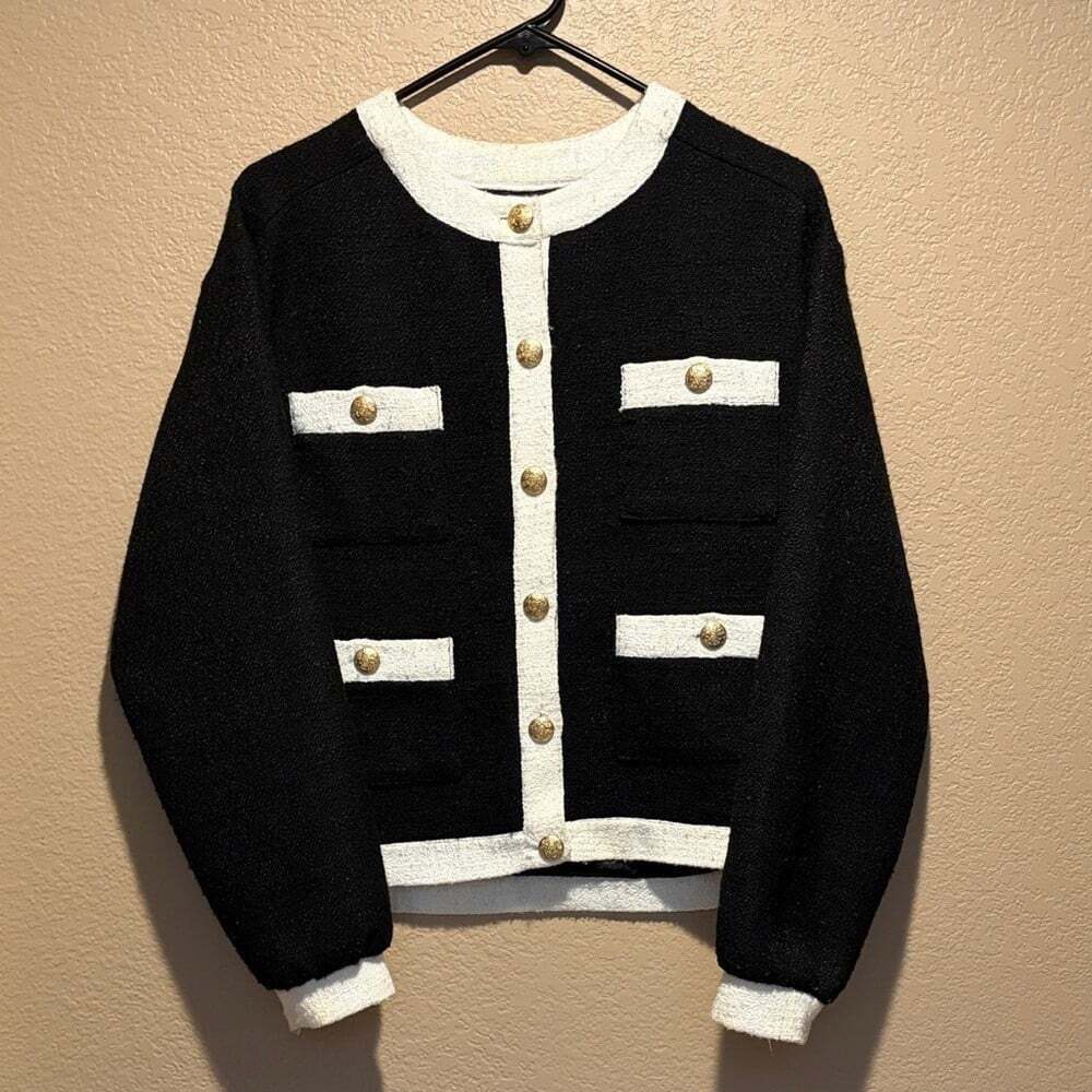 Anthropologie Black & White Contrast Tweed Cardigan with Gold Buttons Sz S